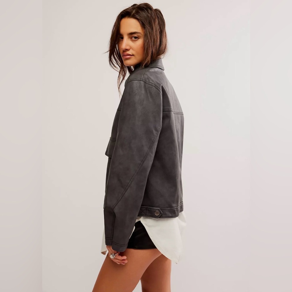 Free People Blair Vegan Leather Jacket Charcoal Oversized Large - Picture 4 of 16